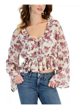 Self-E Womens Blouse Long Sleeve Floral Ruffle Peplum Cream Purple Size Large